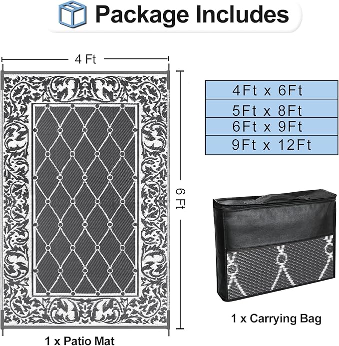OutdoorLines Indoor Outdoor Rugs for Patio 4x6 ft - Reversible Outside Carpet, Stain & UV Resistant Portable RV Mats, Plastic Straw Rug for Camping, Pool Deck, Porch Rhombus Gray & White