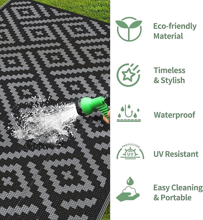 GENIMO Outdoor Rug for Patio Clearance, 8'x16' Waterproof Camping Mat, Reversible Plastic Straw Rugs for RV, Camper, Balcony, Backyard, Picnic, Deck, Black & Gray