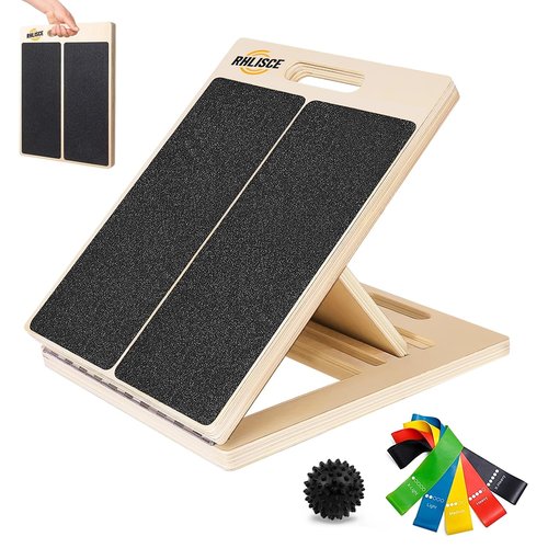 Portable Slant Board Foldable Wooden Calf Stretcher Slant Board for Squats 500 Lbs Weight Capacity, Comes with Resistance Bands & Massage Ball, Adjustable Incline Board for Knees Ankle Heel Feet Leg