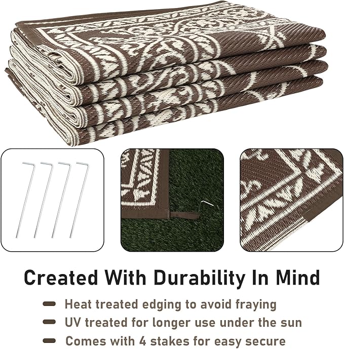 HiiARug Outdoor Rugs 9x12 for Patios Clearance Brown Camping Rug for RV Outside, Reversible Waterproof Plastic Straw Rug Large Outdoor Rug for Porch Beach Picnic Camper
