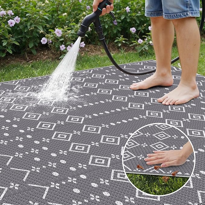 StepRite 5’ x 8’ Reversible Outdoor Rug, Waterproof Plastic Straw Rug, Patio Rug, Large Modern Area Rug Carpet, Indoor Outdoor Rugs for Camping, Porch, Deck, Balcony, Backyard, RV, Picnic(Grey)
