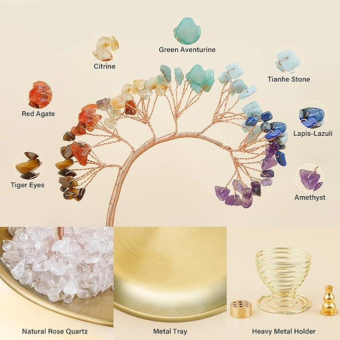 ZenBless 7 Chakra Crystal Tree Incense Holder Palo Santo Holder Sage Burner 5.5 inches Brass Ash Catcher for Incense Sticks/Coil Incense/Incense Cones Yoga Meditation Zen Spiritual Room Home Decor