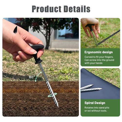 TIMBER RIDGE 10 Pack Tent Stakes, Heavy Duty 8 Inch Ground Stakes, Non-Rust Stainless Steel with Threaded & Ergonomic Handles, Camping Pegs for Camping, Canopies, Grassland, Garden, Patio, Hiking
