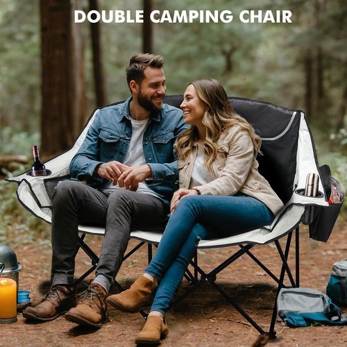 Seaonar Double Camping Chair for Adults Outdoor Folding Chair with 2 Cooler Bags Support 500lbs Heavy Duty Camp Chair for Outdoor Sports Beach - Black&Grey