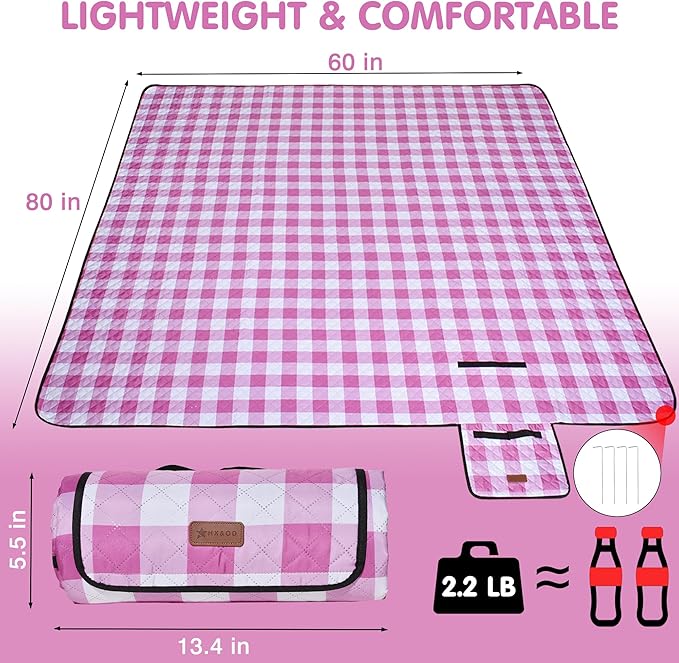 HX&OD Outdoor Picnic Blanket, Extra Large, 80''x60'' Waterproof Foldable Blankets Gingham Picnic Mat for Beach, Camping Grass Lawn Park Accessories Cute Couple Ideas Wedding (Pink, 80”x60”)