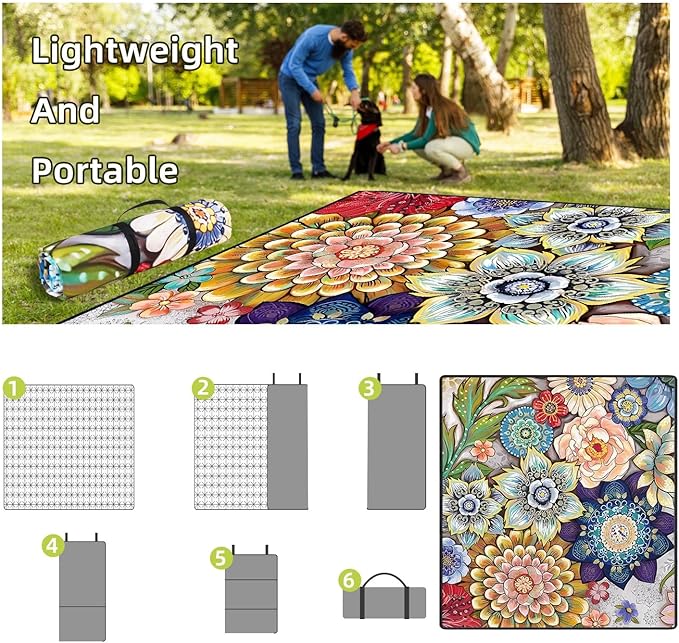 Waterproof Picnic Blankets Foldable & Portable 80''x80'' Boho Picnic Mat for Outdoors, Large Washable Picnic Blanket for Travel Camping Beach, Park Grass Picnic Blanket Accessories for Adults
