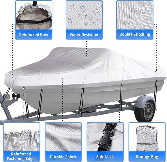 NEXCOVER Trailerable Boat Cover, Length: 16'-18.5' Beam Width: up to 94", Waterproof Heavy Duty Cover, Fits V-Hull, TRI-Hull, Runabout, Pro-Style, Bass Boat, Storage Bag & Tightening Straps Included.