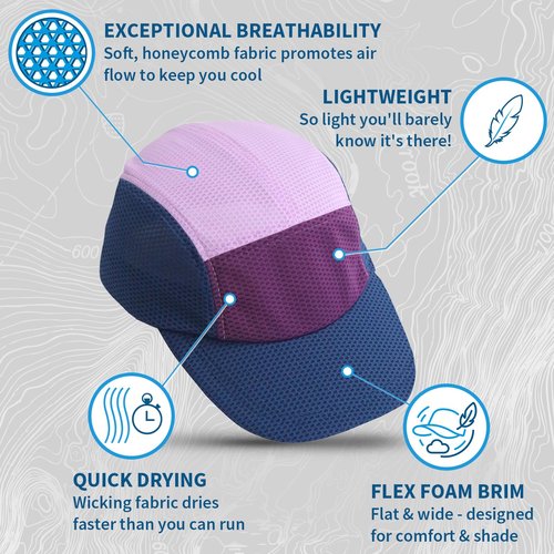 TrailHeads Summer Running Hat for Women with Soft Foam Brim & Reflective Trim – Quick Drying Cap with 5 Panel Design for Outdoors Navy-Purple-Lilac