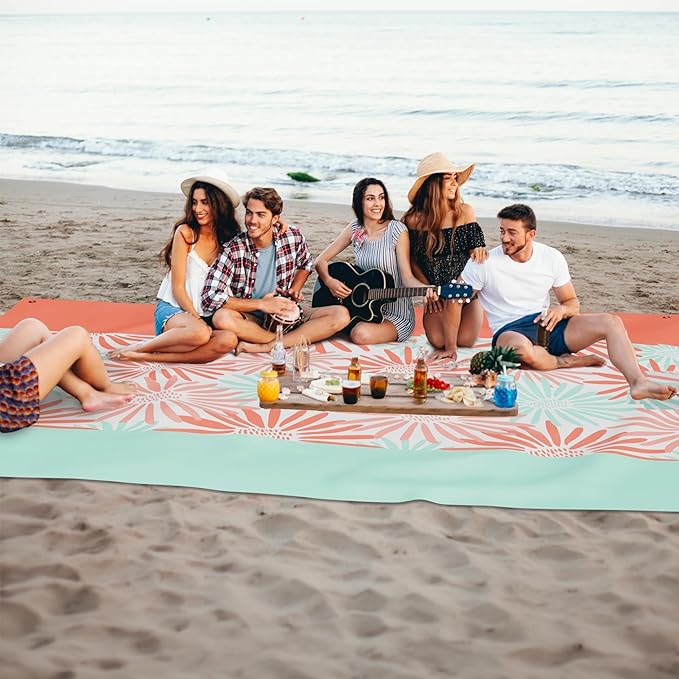 Mooreeke Beach Blanket Extra Large Oversized 9 x 8 ft, Colorful Flowers Sandproof Waterproof Quick Drying Lightweight Compact Outdoor Blanket Beach Mat for Family Travel Camping Picnic, 1-8 Adults