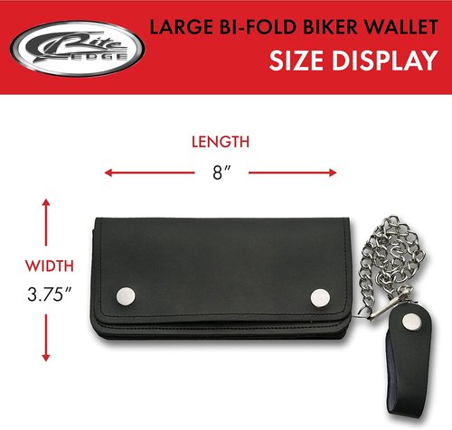 Large Black Bi-Fold Biker Wallet - 8x3.75 Inch, Durable Leather Design