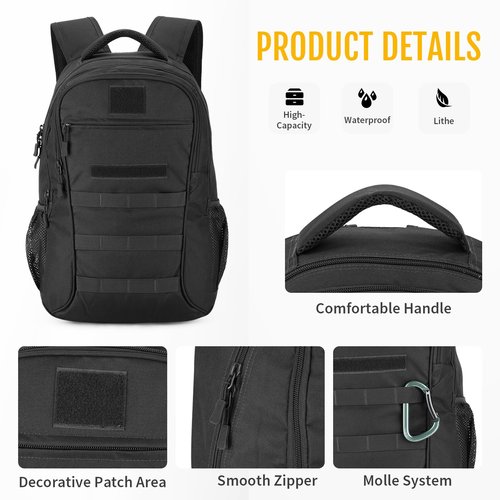 CamGo 15L 25L Tactical Backpack for Men and Women Small Military Hiking Daypacks Molle Rucksack Gear Pack for Camping Gym Travel Survival Bag (#25L-Black)