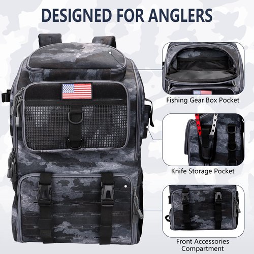 rillrun Fishing Backpack with Rod Holders, Ultimate Tackle Box Bakpack for Men, 42L Large Tackle Bag Store Fishing Gear