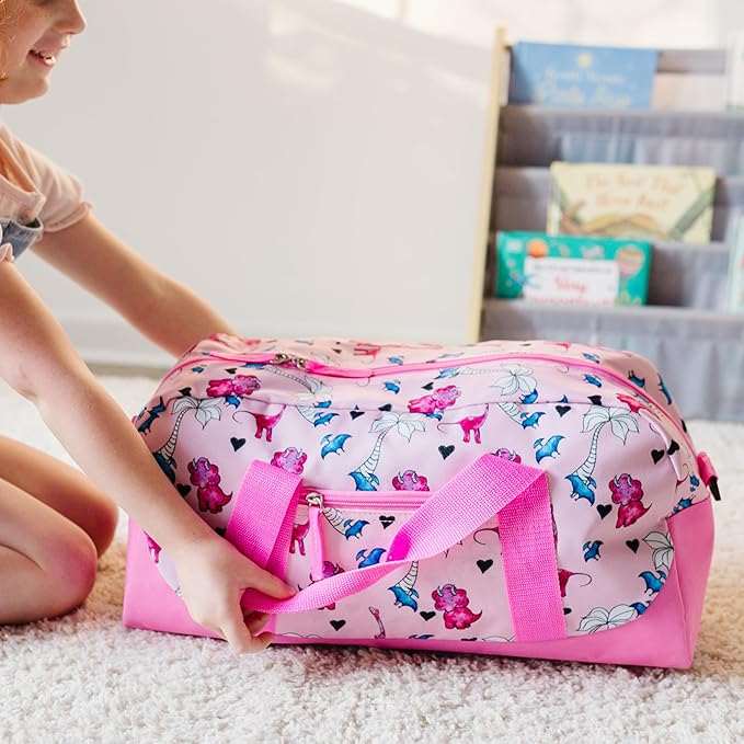 JumpOff Jo by Wildkin Overnighter Duffel Bag – Lightweight Travel Bag for Kids - Pink Dino