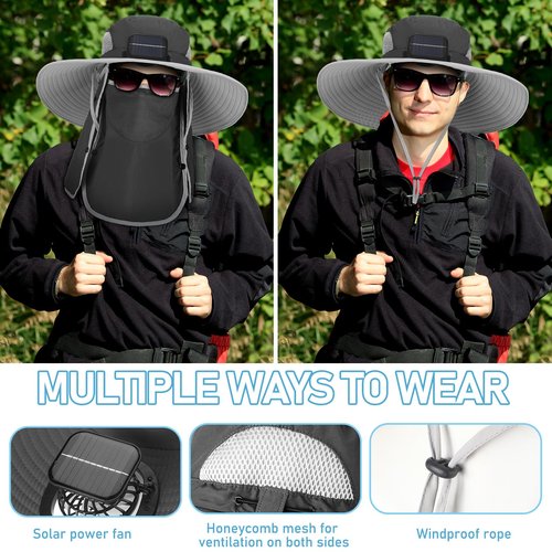 Berlune Solar Sun Hat Oversized Fishing Hat with Fan Bucket Hat Removable UV Protection UPF 50+ Sun Protection Wide Brim(Dark Grey)