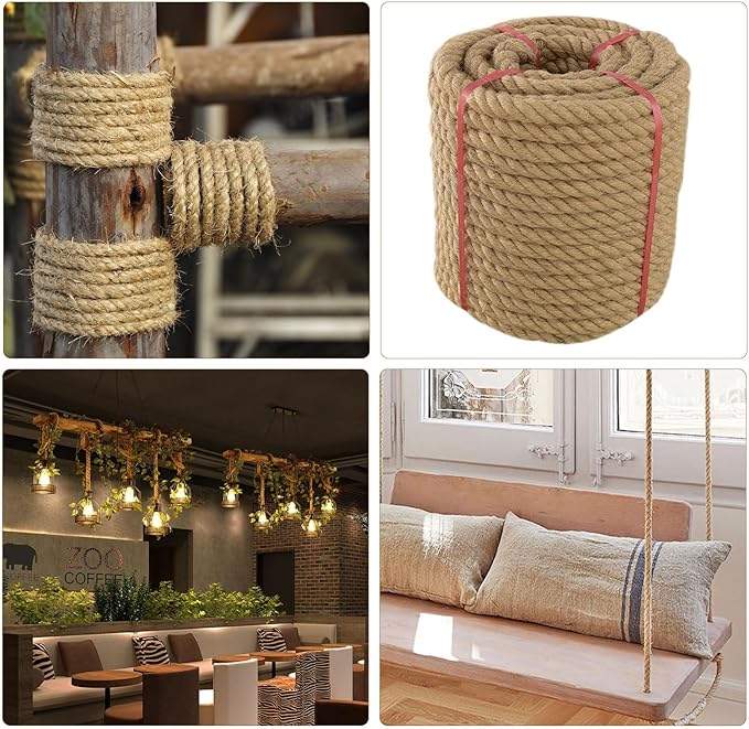 Thick Twisted Manila Ropes 1Inch×100ft Natural Jute Rope Heavy Duty Hemp Rope for Swing Bed, Crafts, Railing, Tug of War, Landscaping, Gardening, Bundling, Hammock, Home Decorating