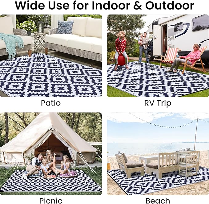 Smiry Waterproof Outdoor Rug 9x12 ft, Reversible Plastic Straw Patio Camping Rugs, Outdoor Indoor RV Mat Carpet for Patio, Outside Entry, Backyard, Deck, Bench, Picnic, Camper, White & Navy