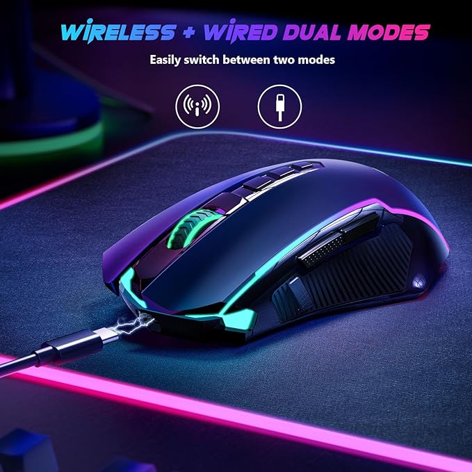 Redragon Gaming Mouse, Wireless Mouse Gaming with 8000 DPI, PC Gaming Mice with Fire Button, RGB Backlit Programmable Ergonomic Mouse Gamer, Rechargeable, 70Hrs for Windows, Mac Gamer, Black