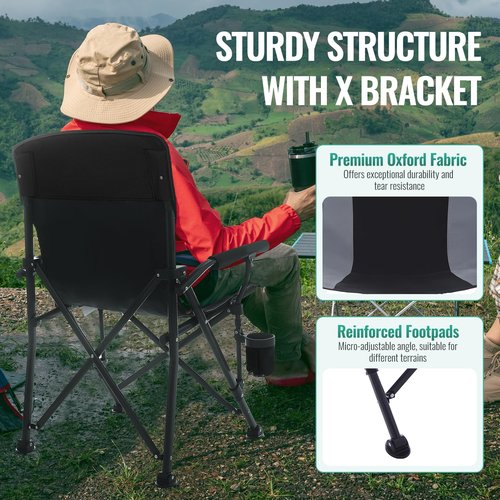 QAOYAL Camping Chairs for Adults, Heavy Duty Support 300 LBS Lawn Folding Chairs with Side Pocket & Cup Holder, for Camping, Fishing, Sports Event (Black&Grey)
