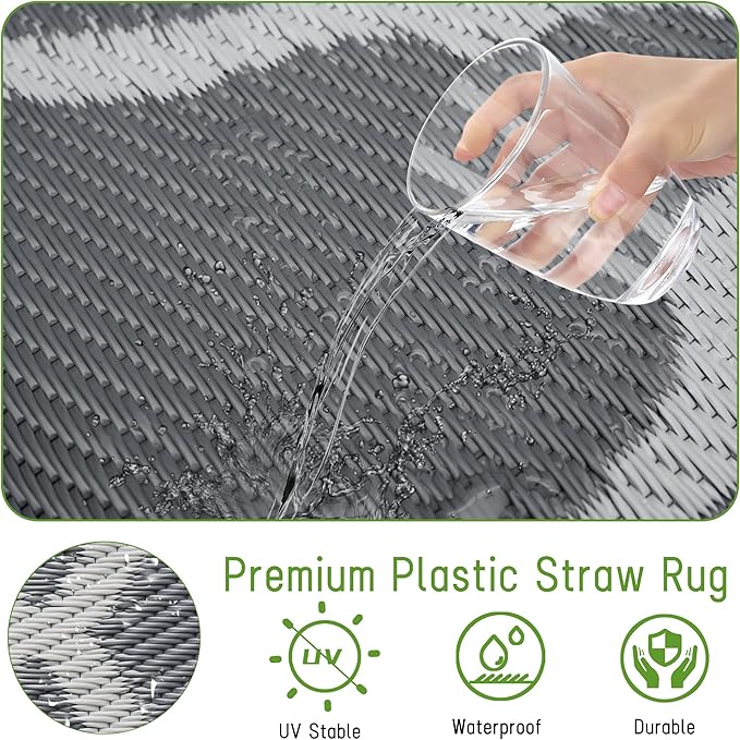 Easy-Going Reversible Outdoor Rugs 9x12ft Waterproof Plastic Straw Rug Stain & UV Resistant Floor Mat for Patio Porch RV Backyard Pool Deck Picnic Beach Trailer Camping (Moroccan Grey & Light Grey)