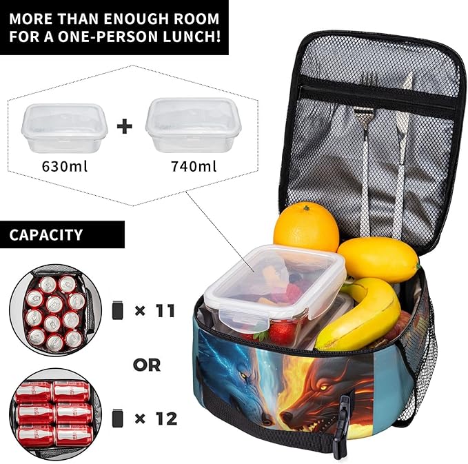 SARA NELL Wolf Insulated Lunch Bag Cool Ice and Fire Wolf Lunch Cooler Box for Women Men Teens Kids, Reusable Lunch Tote Bag, Leakproof Insulated Lunch Bags for Work, Picnic, School or Travel