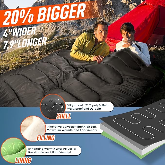 MEREZA Double Sleeping Bag for Adults Mens with Pillow, XL Queen Size Two Person Sleeping Bag for All Season Camping Hiking Backpacking 2 Person Sleeping Bags for Cold Weather & Warm