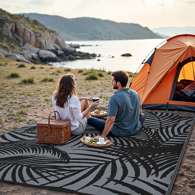 GENIMO Outdoor Rug 9' x 12' Waterproof for Patio Clearance, Reversible Plastic Straw Camping Carpet, Lightweight Mats for Rv, Backyard, Deck, Porch, Picnic, Beach, Balcony, Mix-Black & Gray