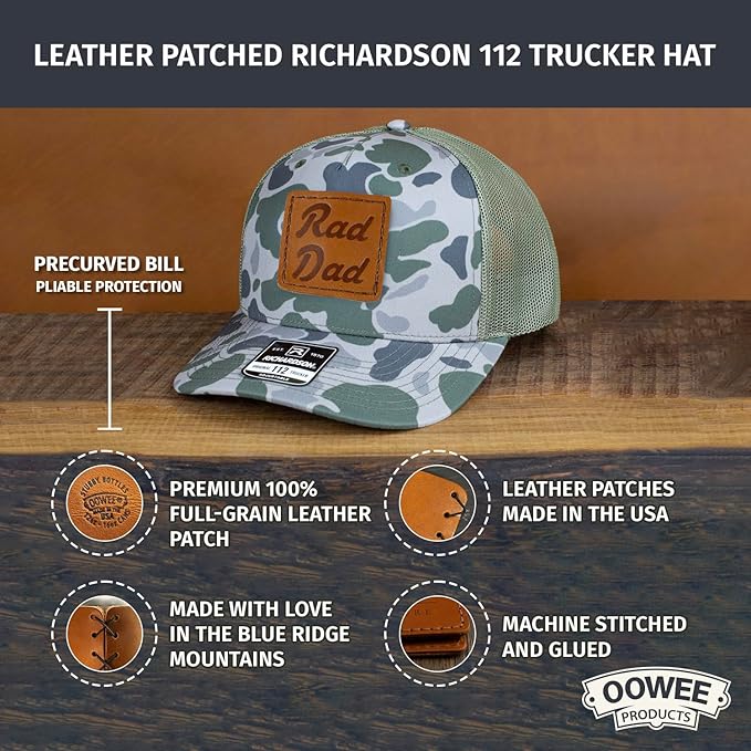Leather Patch Hat for Men - Richardson 112 Trucker Hat w/Full-Grain Leather Patch, Laser-Engraved, Machine-Stitched