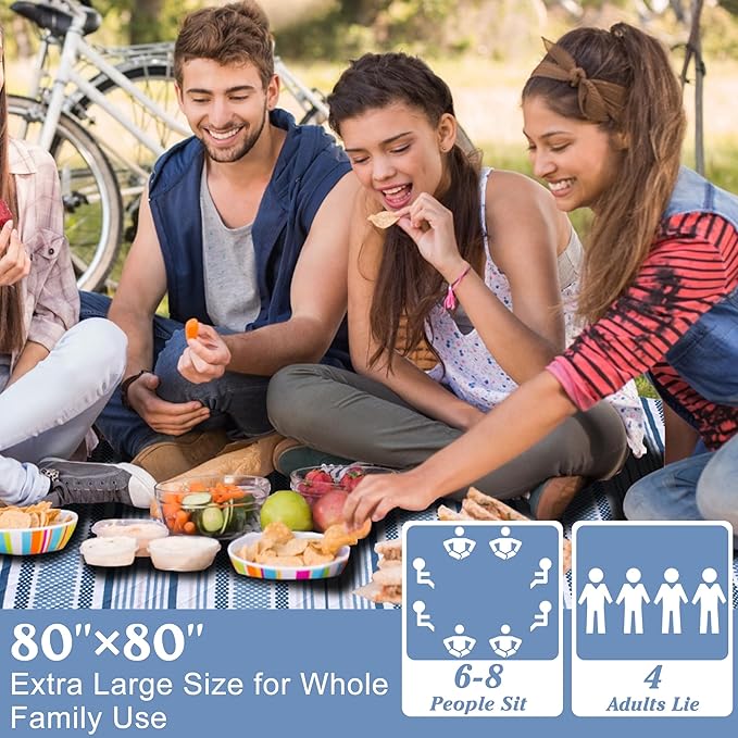 Oversized Waterproof Picnic Mat, Suitable for Camping, Outdoor, Beach, Party and Concert. (Dark Blue & Light Blue, 80" * 80")