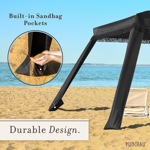 Punchau Beach Cabana with Fringe - 6x6 Ft Boho Shade Canopy Umbrella - Portable Beach Umbrellas for Sand with Carry Bag & Sandbag Pockets, Instant Sun Shade Tent - Black