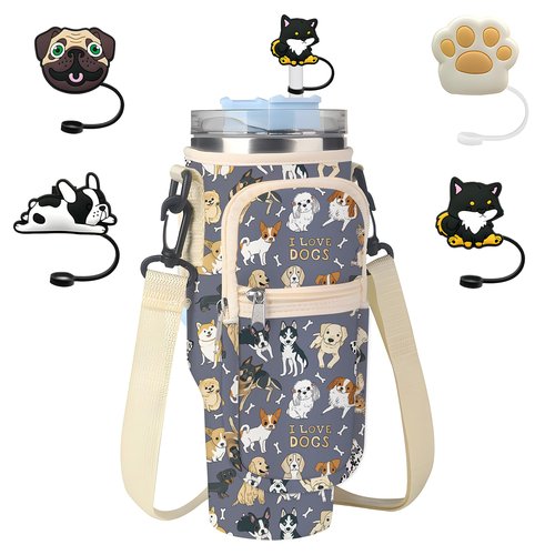 Denlei Cute Dog Print Stanley Cup Bag, Cup Holder for Stanley 40oz Tumbler with Handle, Stanley Carrier Bag with 4Pcs Cute Dog Straw Topper for Stanley Cup Accessories