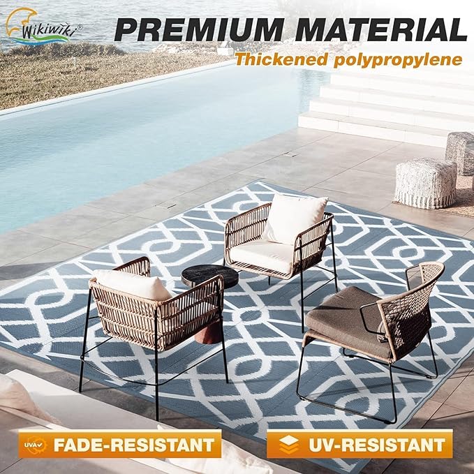 wikiwiki Outdoor Rug, 9x18ft Waterproof Reversible Mat Indoor Outdoor Rugs Carpet, Small Area Rug Plastic Straw Rug for Patio Deck Balcony Pool RV Camping Beach Picnic, Grey, Rugscape Series