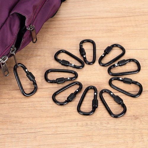 Dairzitv 10 Pack Carabiner Clip, 2.28 inch Aluminum D-Ring Shape Locking Carabiners, Snap Hook Sport Accessories for Outdoor Camping Hiking, Black