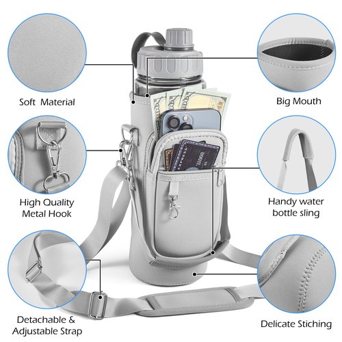 Noxgifix Water Bottle Holder with Strap,Water Bottle Bag,32/40 oz Large Capacity,Adjustable Shoulder Hand Strap,2 Phone Pocket Water Bottle Holder,Water Bottle Accessories for Camping Running Walking