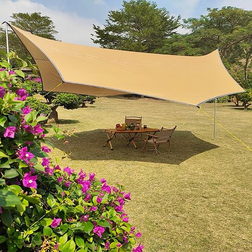 16x16 ft Large Camping Tarp Waterproof Hammock Rain Fly Camping Awning Sun Shelter Khaki (Without Pole) (Khaki)