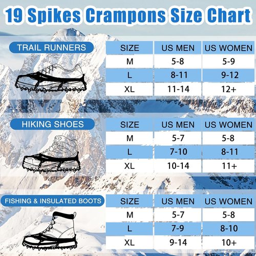Crampons 19 Spikes Shoes Anti Slip Ice Cleats for Shoes and Boots, Traction Snow Cleats Crampons for Hiking Boots Women Men Safe Protect for Winter Walking Hiking Ice Fishing
