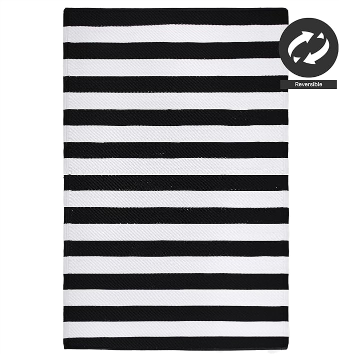 FH Home Outdoor Rug - Waterproof, Fade Resistant, Reversible - Premium Recycled Plastic - Striped - Large Patio, Deck, Sunroom, Camping, RV - Brittany Stripe - Black & White Crease Free - 5 x 8 ft