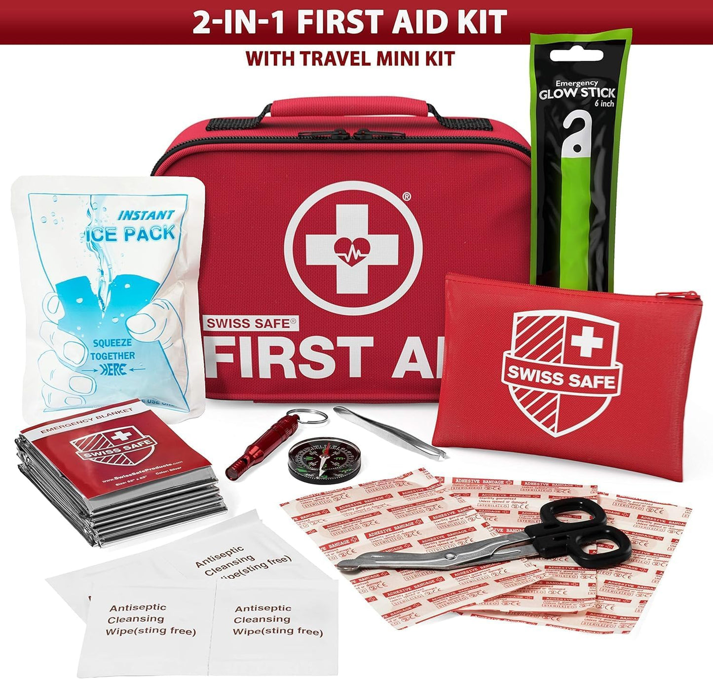 Swiss Safe 2-in-1 First Aid Kit for Car, Travel & Home, Businesses - Bonus Mini Kit for Medical Emergency Aid, Survival, Camping - 64 Piece, Travel FAK