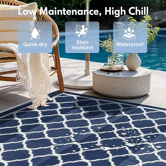 Waterproof Outdoor Rug 4x6 ft, Reversible Plastic Straw Rug, Easy to Clean Patio Rug, Portable Carpet for Patio, RV, Deck, Balcony, Backyard, Picnic, Beach, Clover, Navy Blue