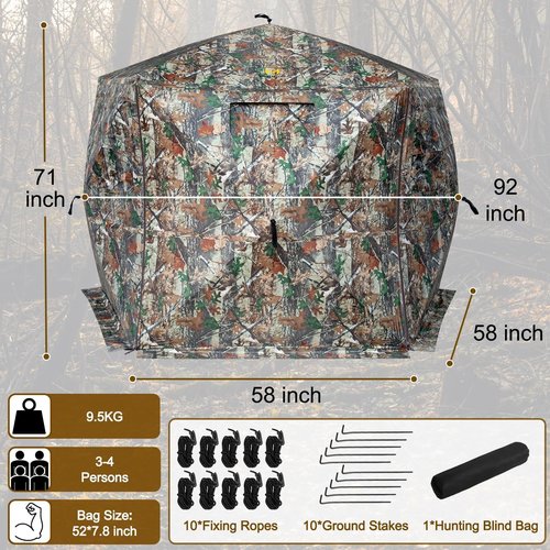 Hunthor Hunting Blind for 3-4 People, 288 Degree 5 Side See-Through Ground Blind with Silent Zipper, Pop-Up Tent for Deer, Elk, and Bear Hunting
