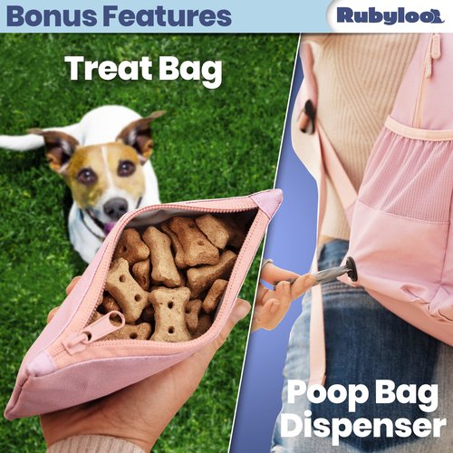 rubyloo The Original Doggy Bag Backpack (Dusty Pink) & 32 oz Insulated Water Bottle with Attached 8 oz Bowl (I Love My Dog) – Dog Travel Backpack & Hydration Set