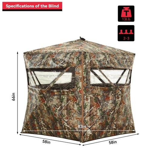 PHYSKE Hunting Blinds, Ground Blind See Through, Portable 2-3 Person, 270 Degree Pop-up Hunting Blind, Camouflage Hunting Blind for Deer & Turkey Hunting with Camouflage Cover(Standard)