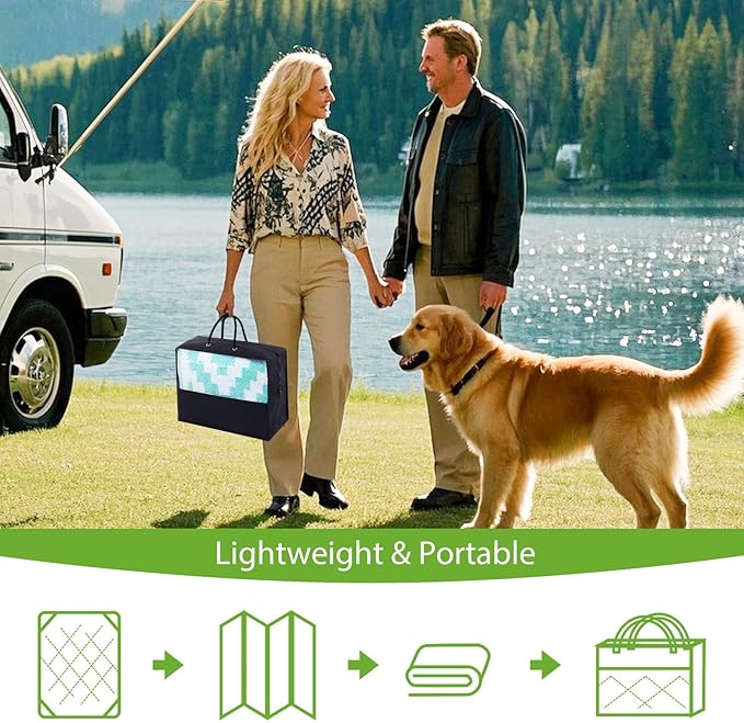 Smiry Waterproof Outdoor Rug 8x10 ft, Reversible Plastic Straw Patio Camping Rugs, Outdoor Indoor RV Mat Carpet for Patio, Outside Entry, Backyard, Deck, Bench, Picnic, Camper, White & Teal