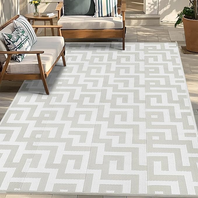 Outdoor Patio Plastic Straw Rug - 4'x6' Outdoor Camping Rug Waterproof Reversible, Area Carpet Patios Clearance RV, Outside Porch Balcony Deck for Camper, Grey & White