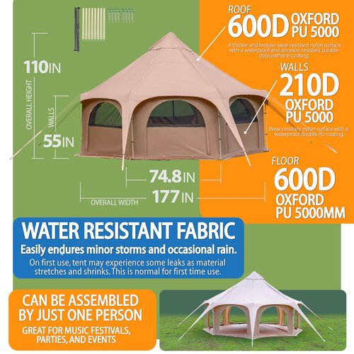 Glamping Canvas Tent - 16x9ft Tent with Stove Jack, Canopy Vents