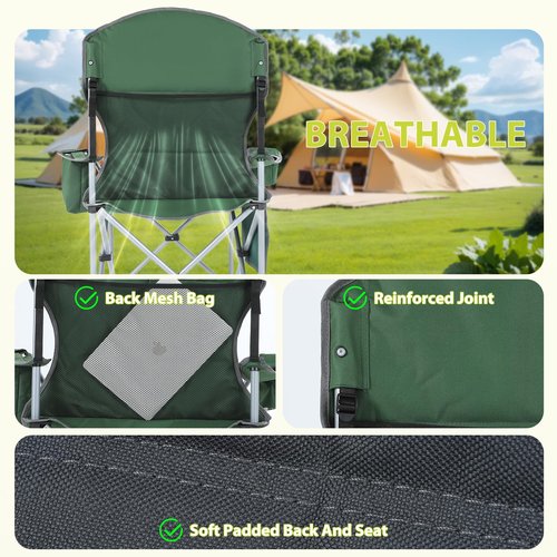 Nice C Camping Chair, Portable Chair, Lawn Chairs, Outdoor Chairs, with Armrest, Cooler Bag, Cup Holder, Side Pocket, for Camping, Traveling, Picnic (Green&Grey 2-Pack)