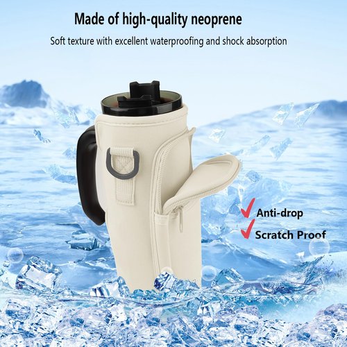ZMD Water Bottle Carrier Bag With Phone Pocket, 40 Oz Water Bottle Holder Pouch With Adjustable Strap Cup Accessories for Hiking Travelling Camping, Beige