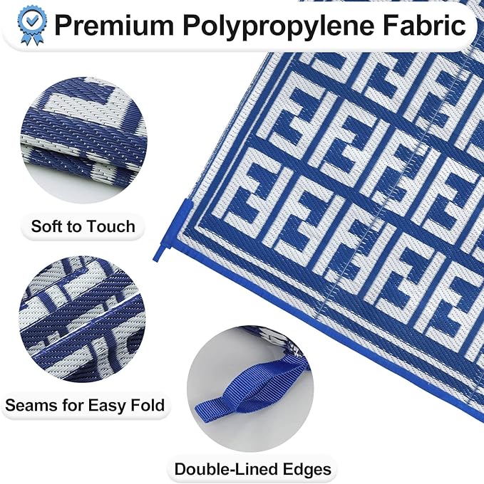 OutdoorLines Outdoor Plastic Area Rugs for Patio 4x6 ft - Reversible Outside Carpet, Stain & UV Resistant RV Mats, Straw Rug for Camping, Deck Garden, Porch and Balcony, Geometry Navy & Light Grey