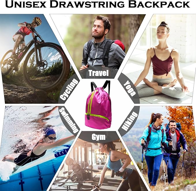 Sports Drawstring Backpack, Gym Bag for Men Women with Shoe Compartment, Waterproof Pocket, Drawstring Swim Bag (Rose Red)