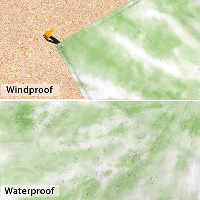 Green Tie-Dye Beach Blanket Sandproof, Large 78"×86" Beach Mat Sand Free Waterproof Fits Up to 4 Adult, Compact Quick Dry Polyester Outdoor Picnic Blanket with Stakes for Travel, Camping, Hiking