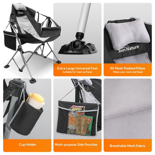 Oversized Hammock Camping Chairs, Folding Swing Chair with 1-Step Design, Swinging Hammock Chair with Adjustable Backrest, Lumbar Support & Headrest for Outdoor&Indoor, Support 400LBS, Black